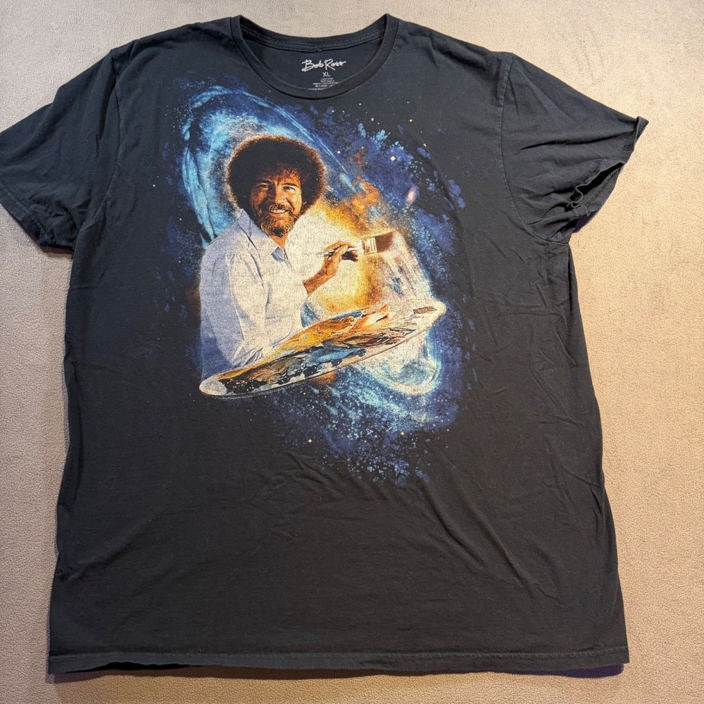 Bob Ross Galaxy Space Graphic T-Shirt Mens XL Black Cotton Short Sleeve Tee